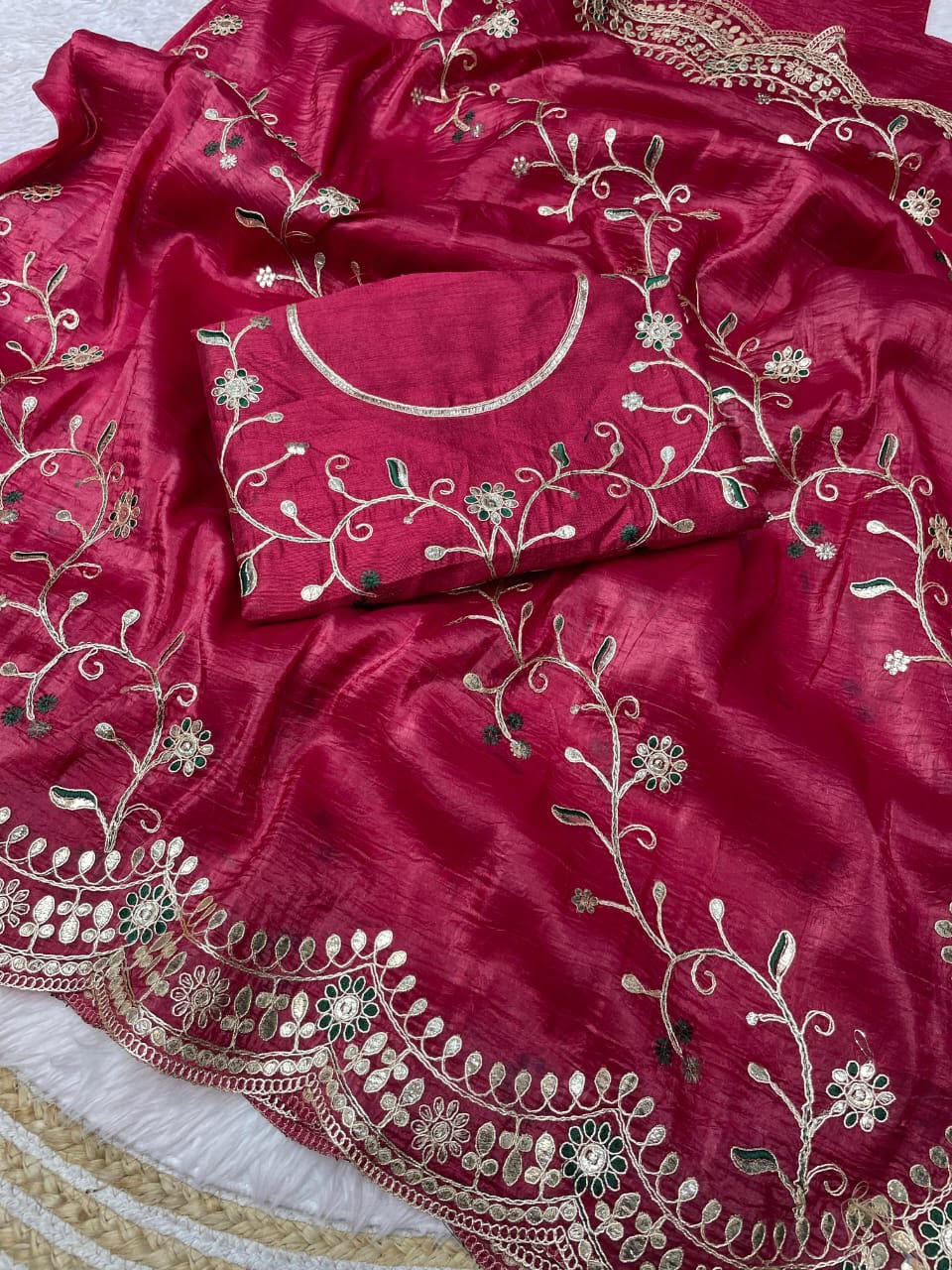 Pure Gold Crush Saree with Designer C-Pallu & Gota Foil Embroidery