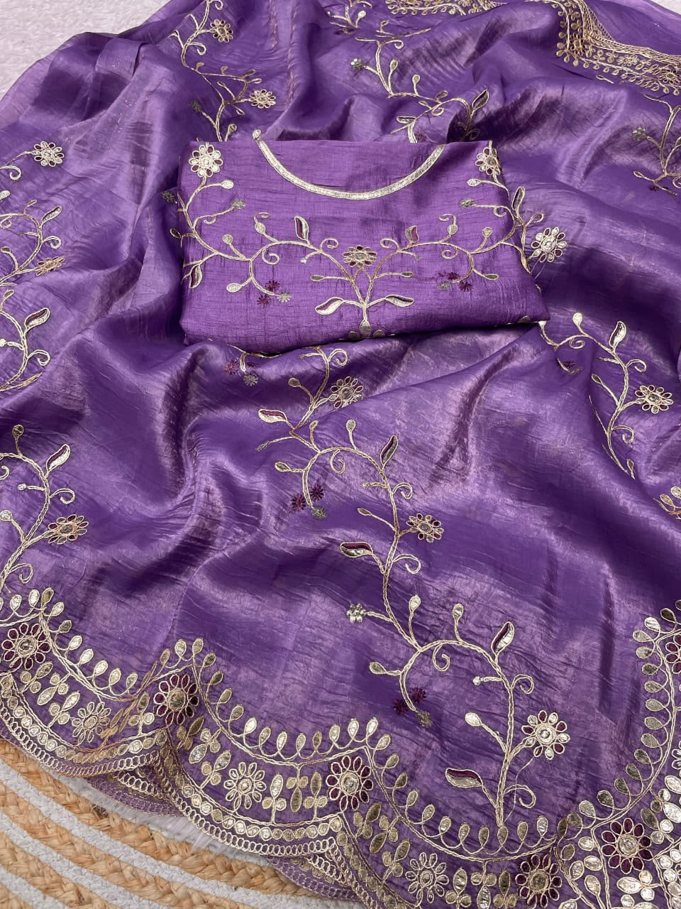 Pure Gold Crush Saree with Designer C-Pallu & Gota Foil Embroidery