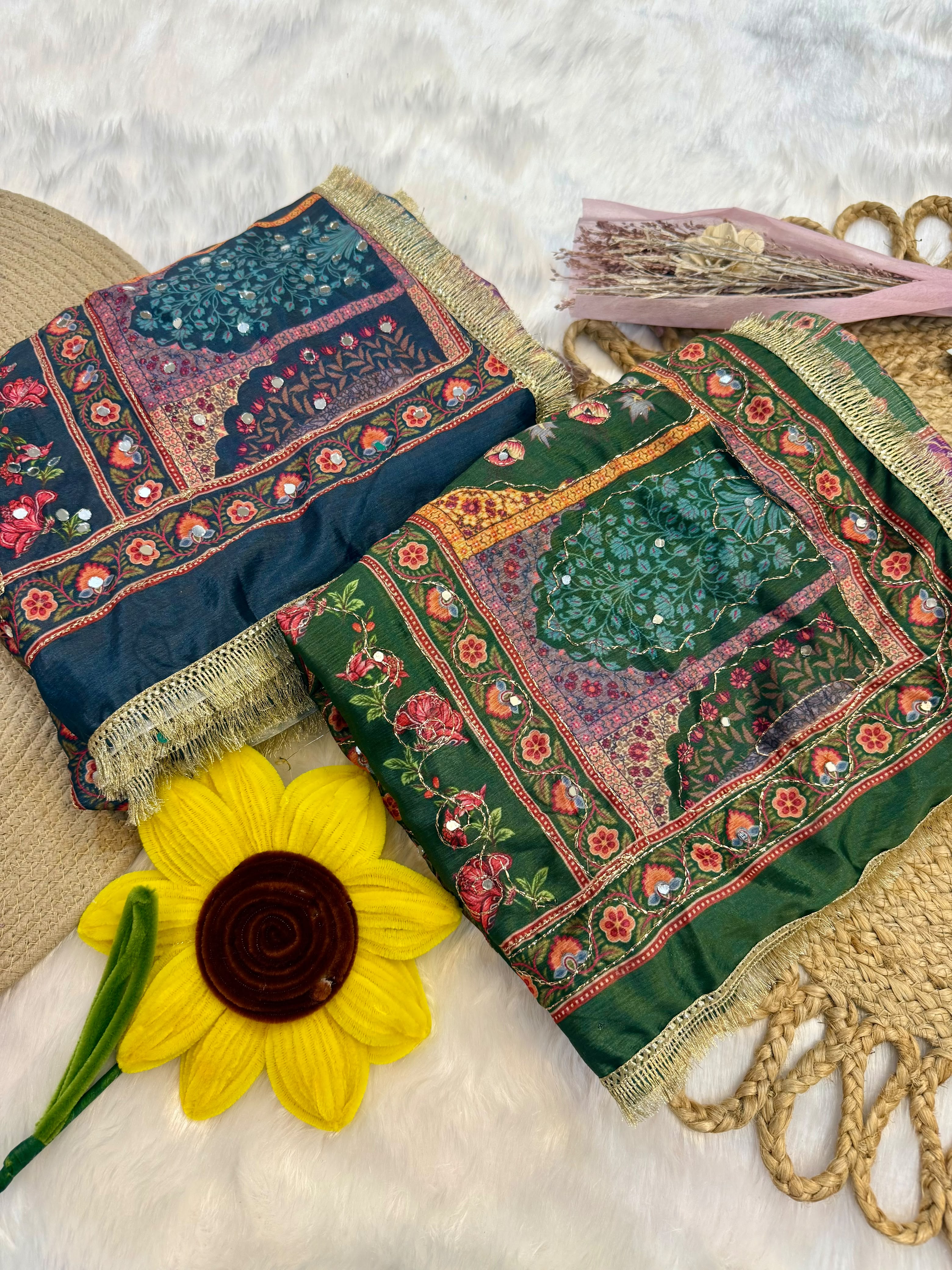 Premium Chinon Silk Saree with Real Mirror Work, Gold Zari Print, Fancy Latkan Border & Designer Party Wear Saree for Women