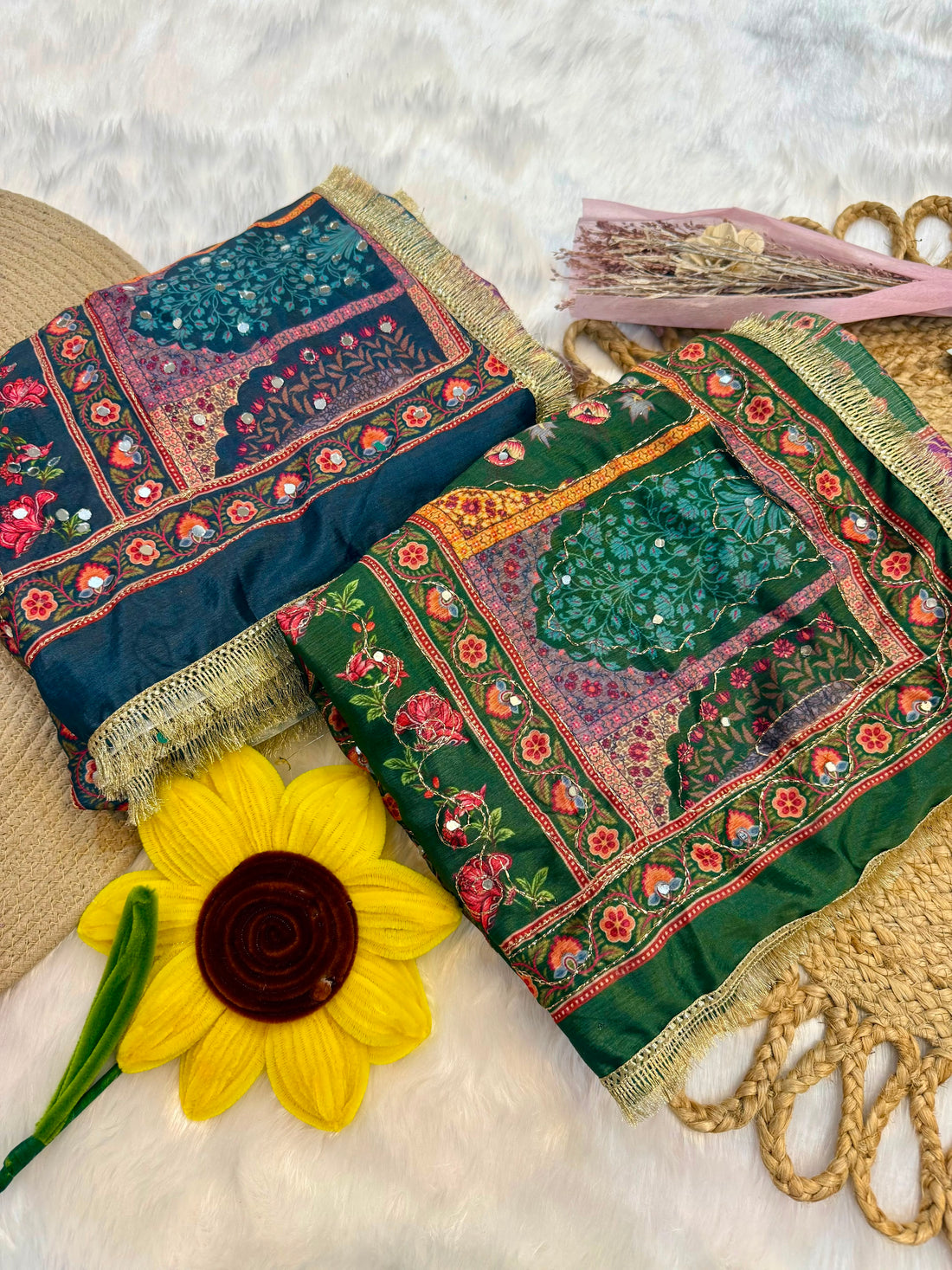 Premium Chinon Silk Saree with Real Mirror Work, Gold Zari Print, Fancy Latkan Border & Designer Party Wear Saree for Women