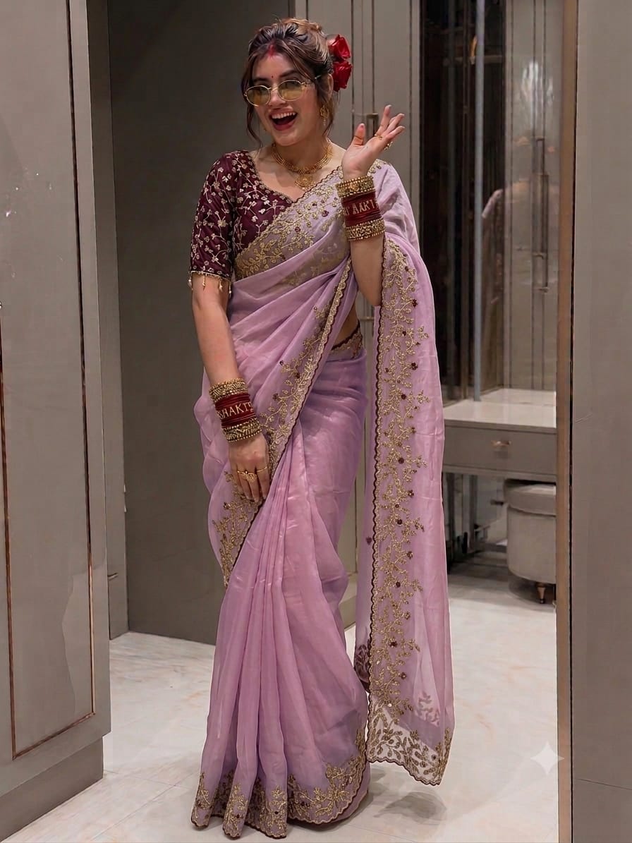 Soft Space Silk Saree with Heavy Embroidery, Sequins & Zari Work | Designer Party Wear Saree