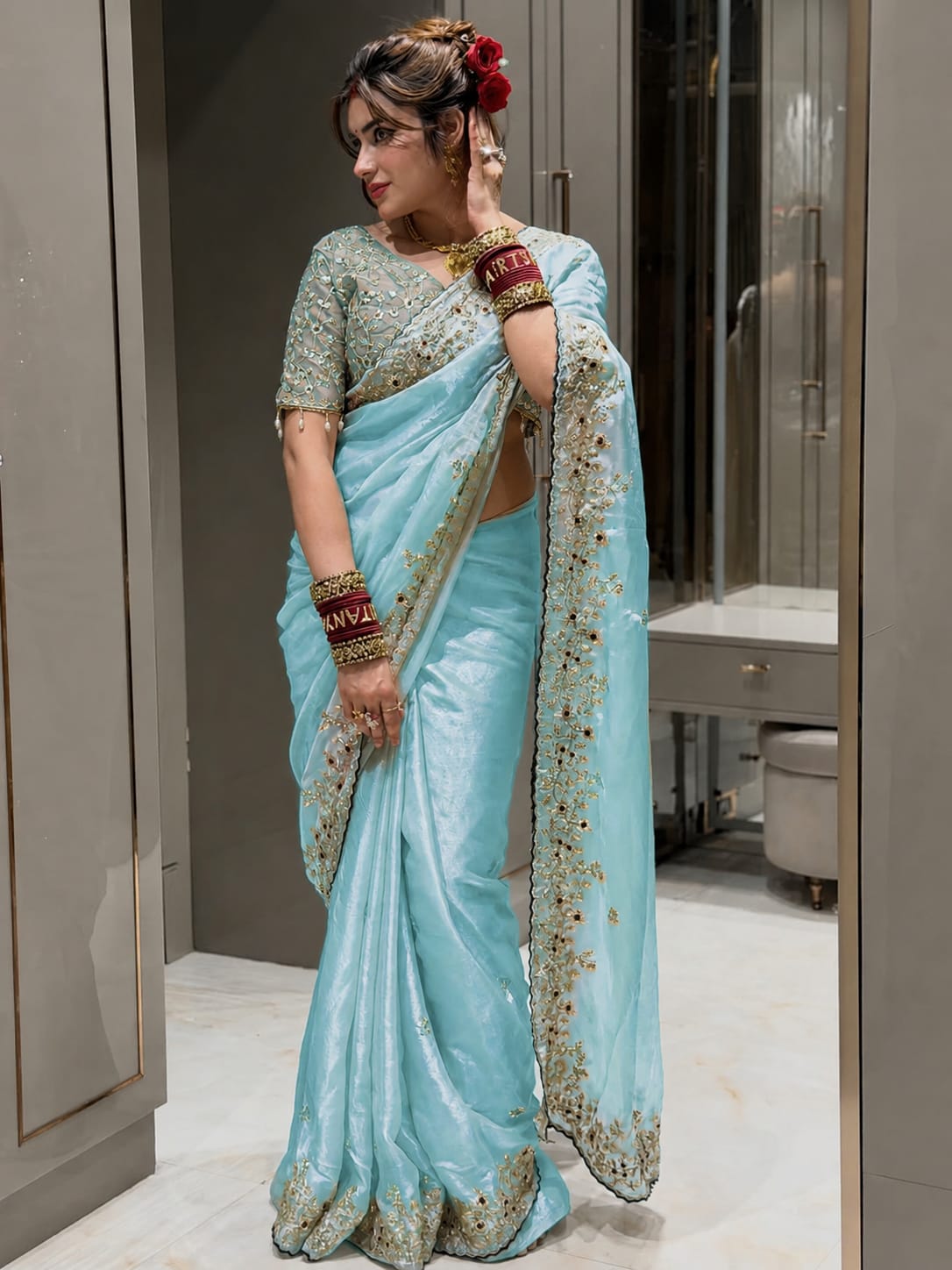 Soft Space Silk Saree with Heavy Embroidery, Sequins & Zari Work | Designer Party Wear Saree