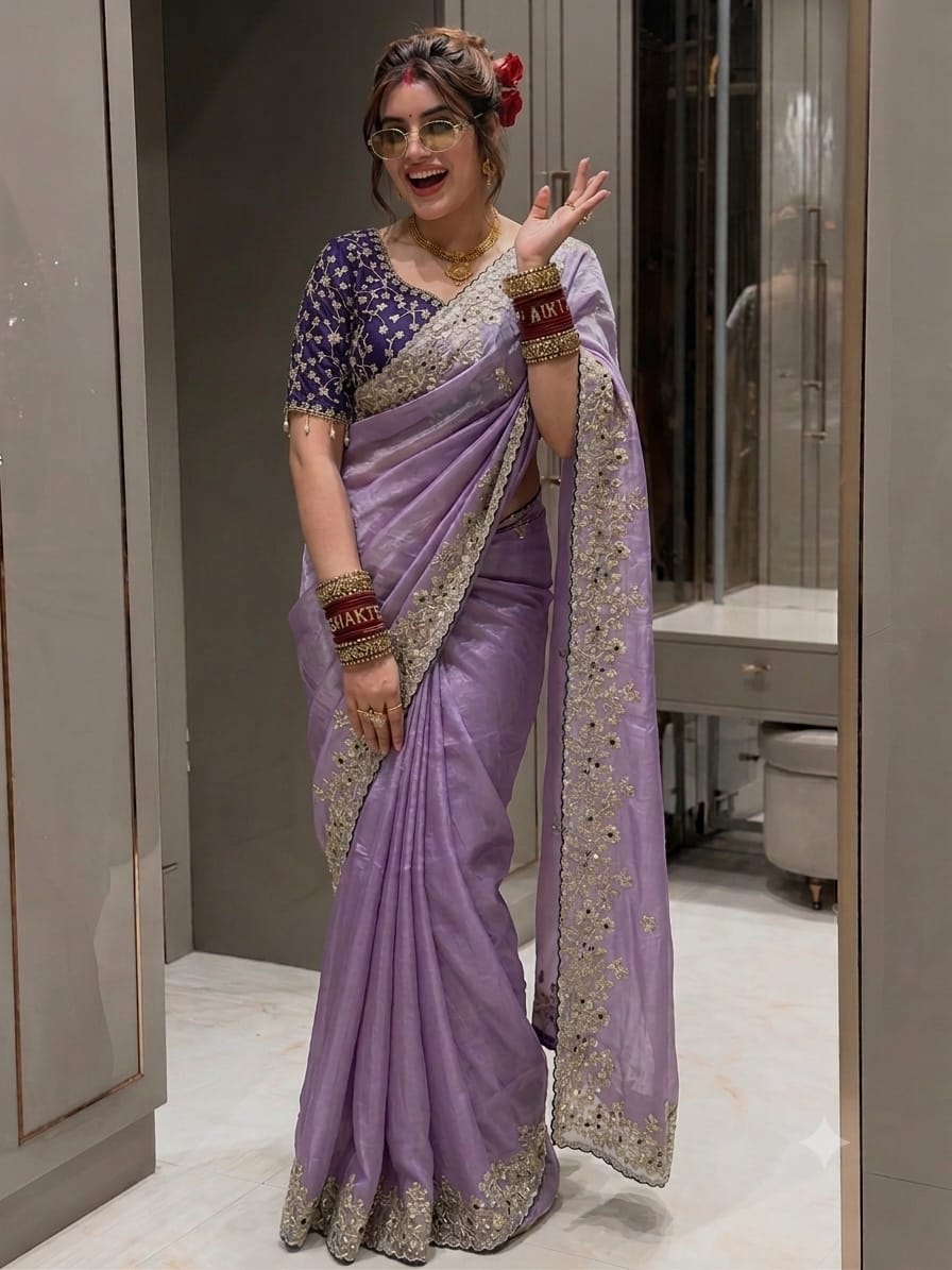 Soft Space Silk Saree with Heavy Embroidery, Sequins & Zari Work | Designer Party Wear Saree