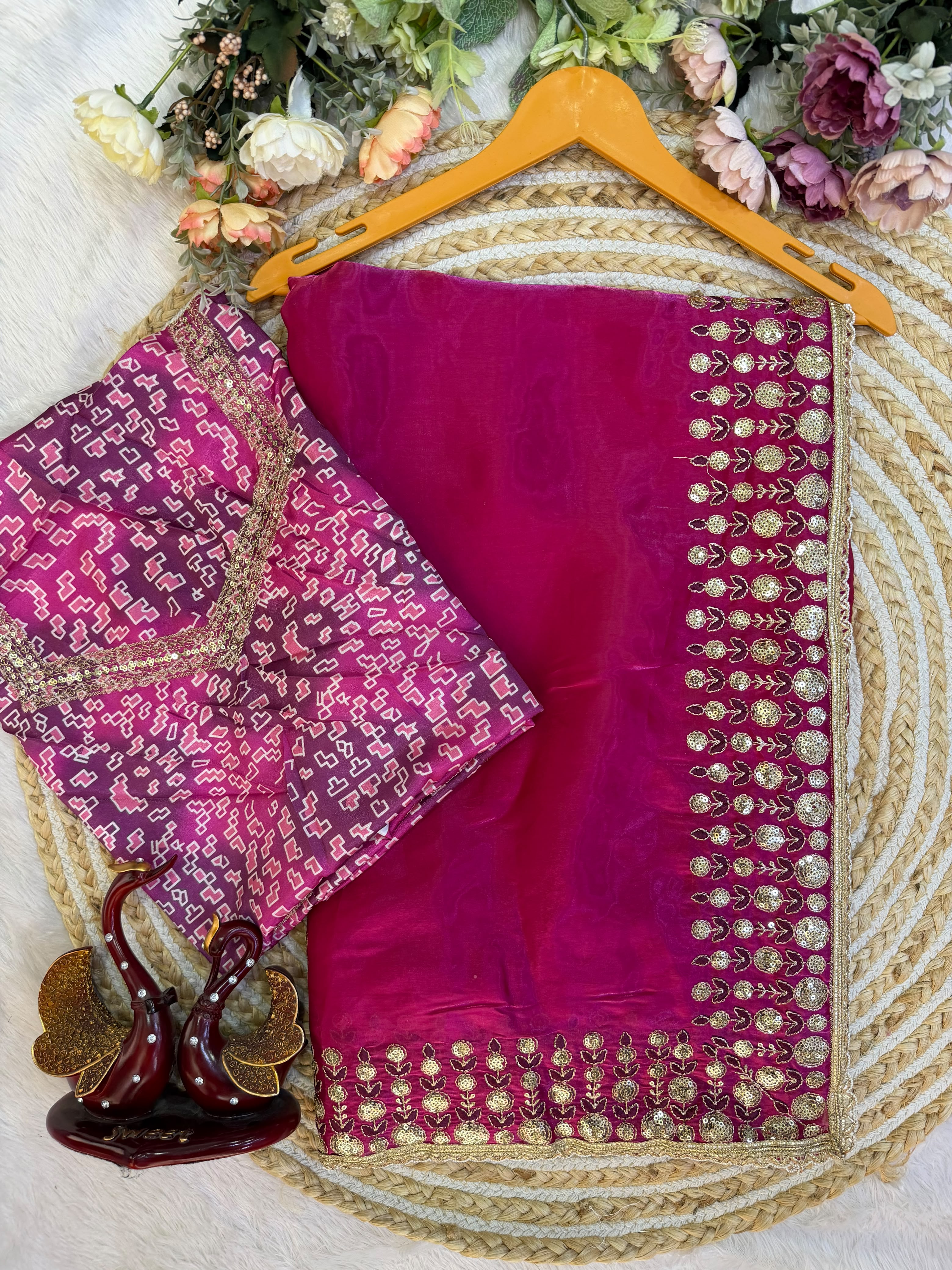 Designer Soft Jimmy Satin Saree with Beautiful Sequins Embroidery and Lace Border