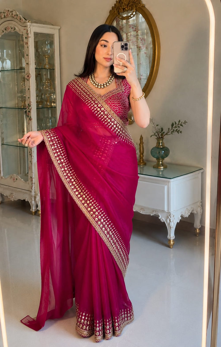 Designer Soft Jimmy Satin Saree with Beautiful Sequins Embroidery and Lace Border