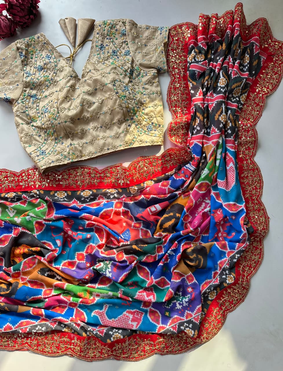 Heavy Georgette Digital Print Patola Saree with Swarovski Work & Embroidered Mono Silk Blouse