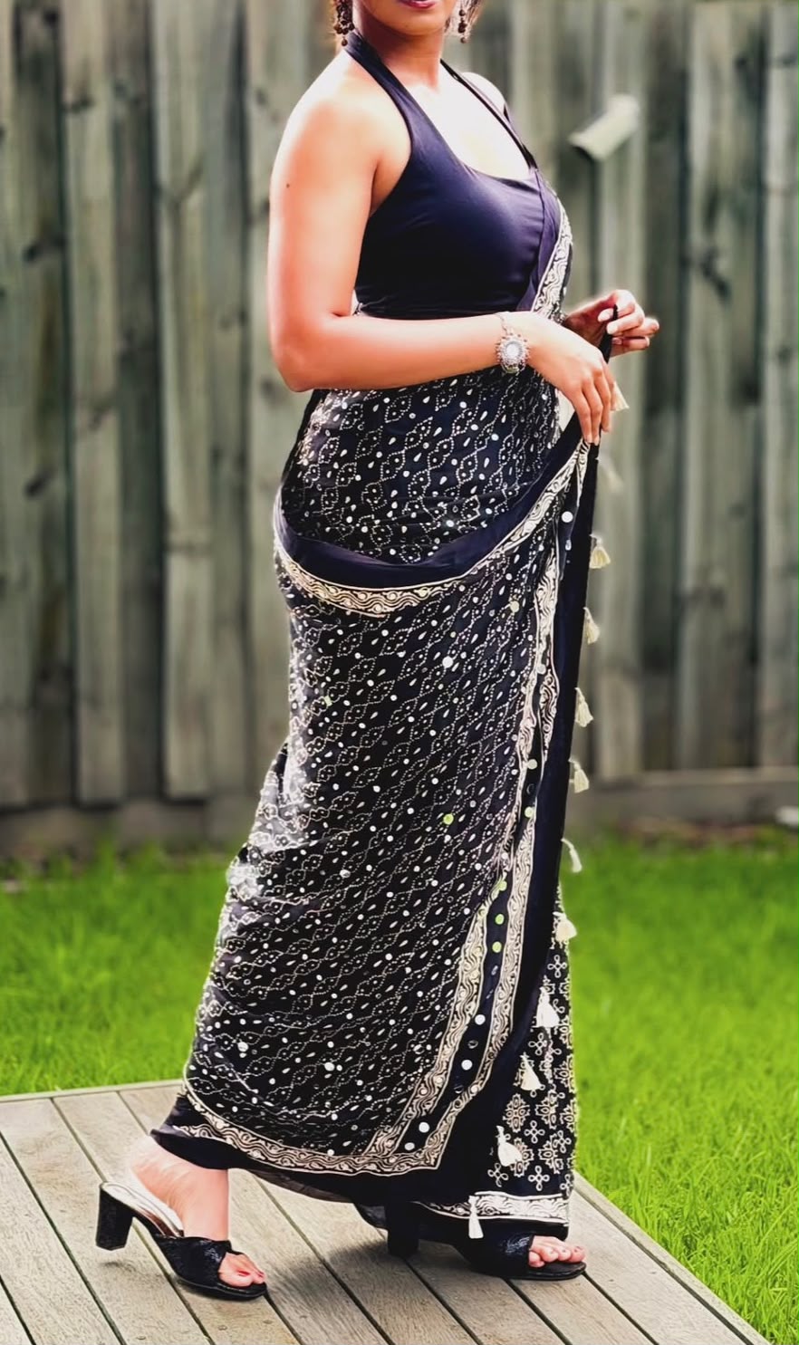Gajji Silk Ajrakh Print Saree with Heavy Mirror Work & Patli-Pallu