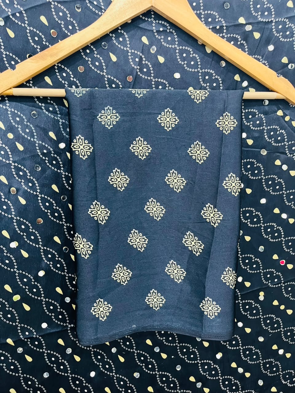 Gajji Silk Ajrakh Print Saree with Heavy Mirror Work & Patli-Pallu