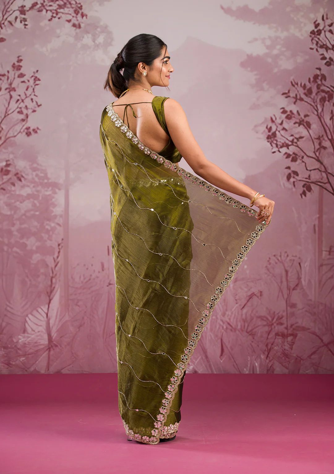 Premium Jimmy Choo Silk Saree with Real Mirror Work & Glitter Dori