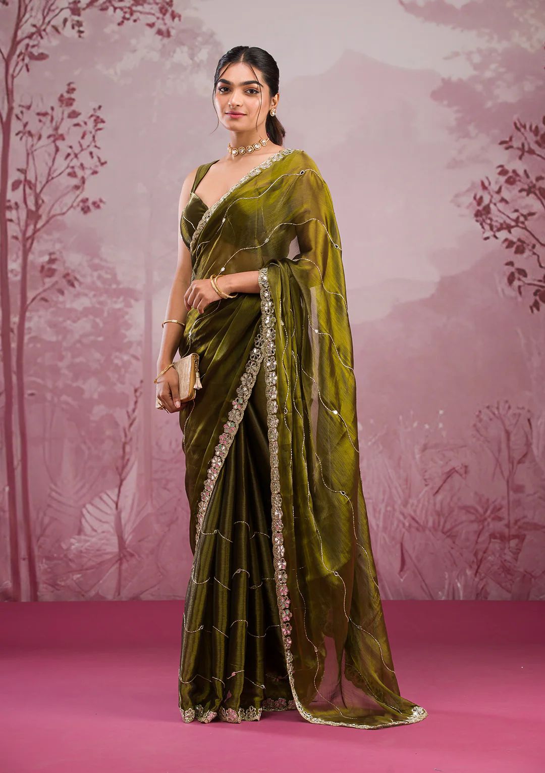Premium Jimmy Choo Silk Saree with Real Mirror Work & Glitter Dori