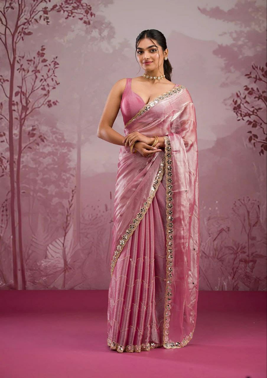 Premium Jimmy Choo Silk Saree with Real Mirror Work & Glitter Dori