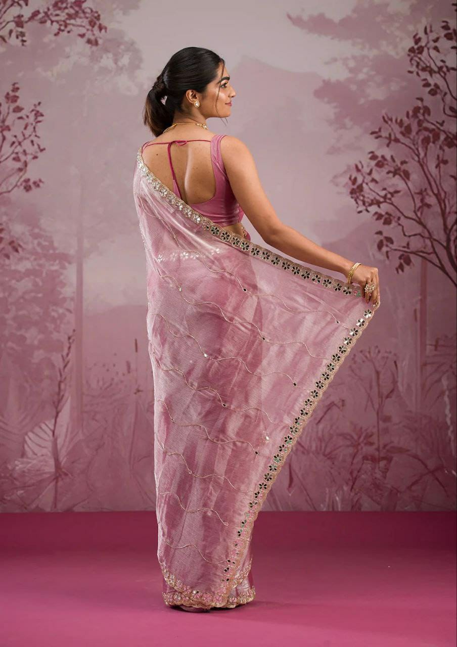 Premium Jimmy Choo Silk Saree with Real Mirror Work & Glitter Dori