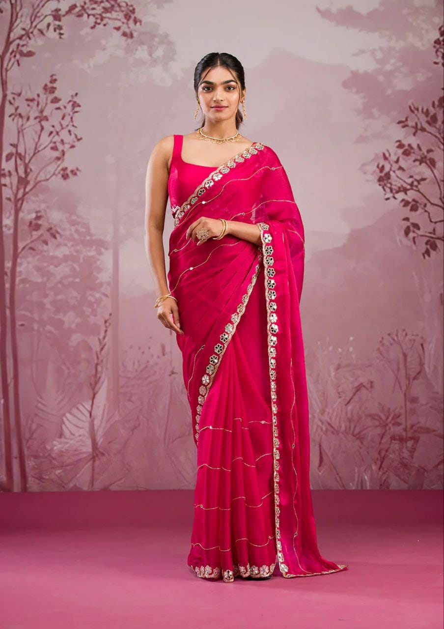 Premium Jimmy Choo Silk Saree with Real Mirror Work & Glitter Dori