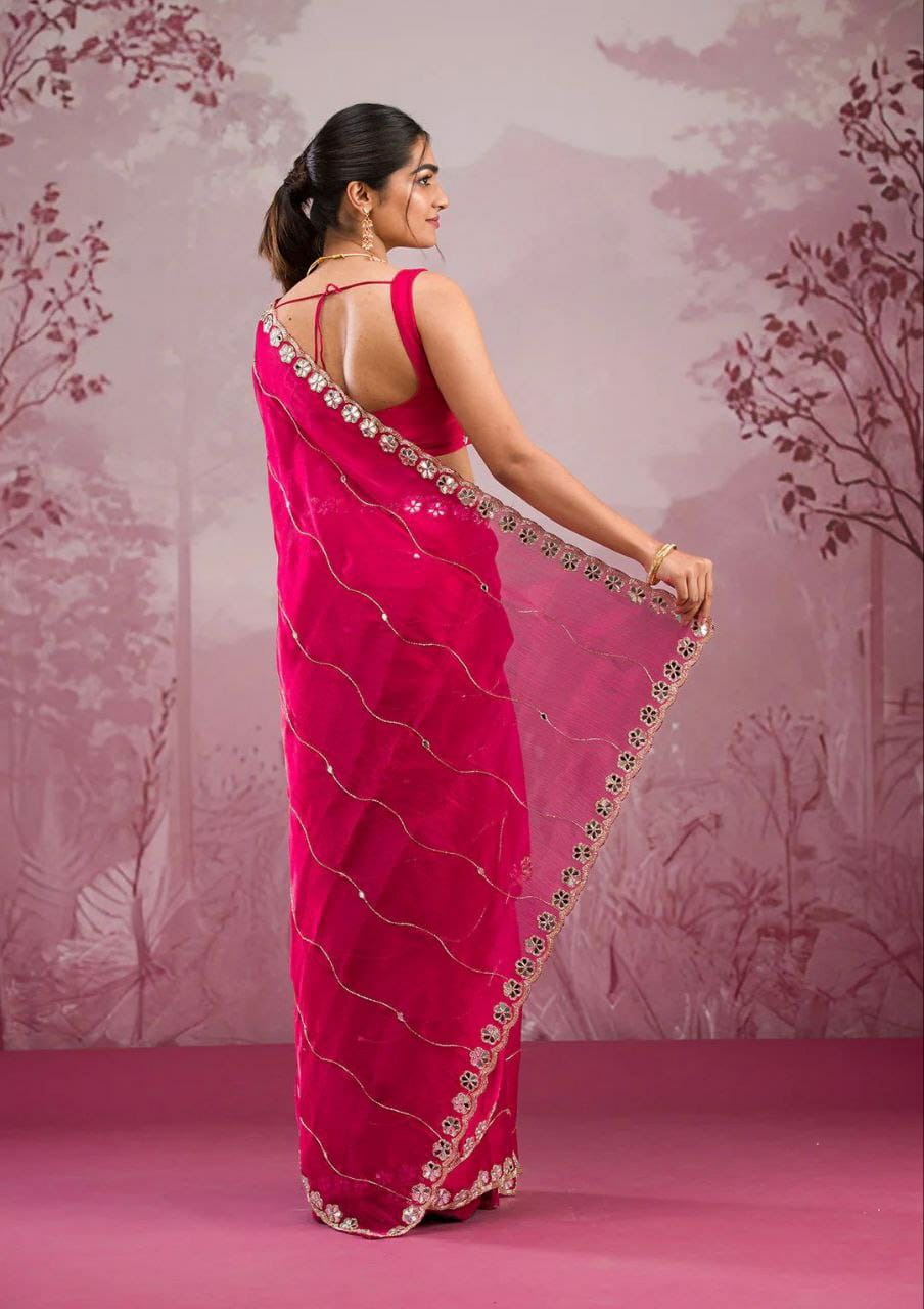 Premium Jimmy Choo Silk Saree with Real Mirror Work & Glitter Dori
