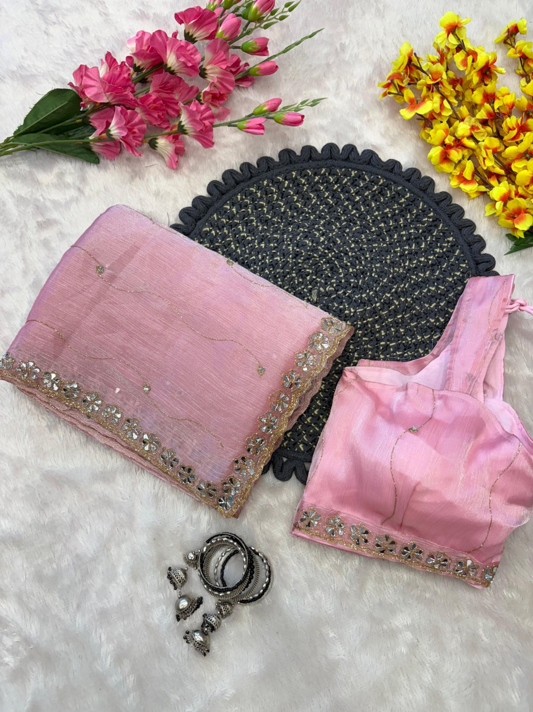 Premium Jimmy Choo Silk Saree with Real Mirror Work & Glitter Dori