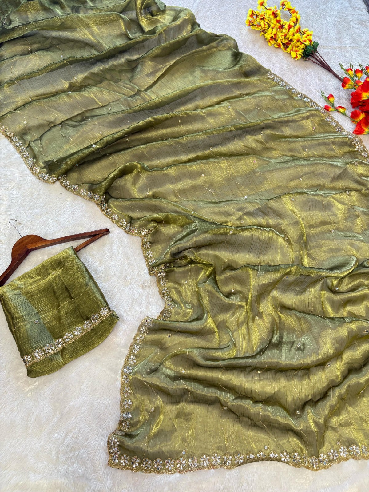 Premium Jimmy Choo Silk Saree with Real Mirror Work & Glitter Dori