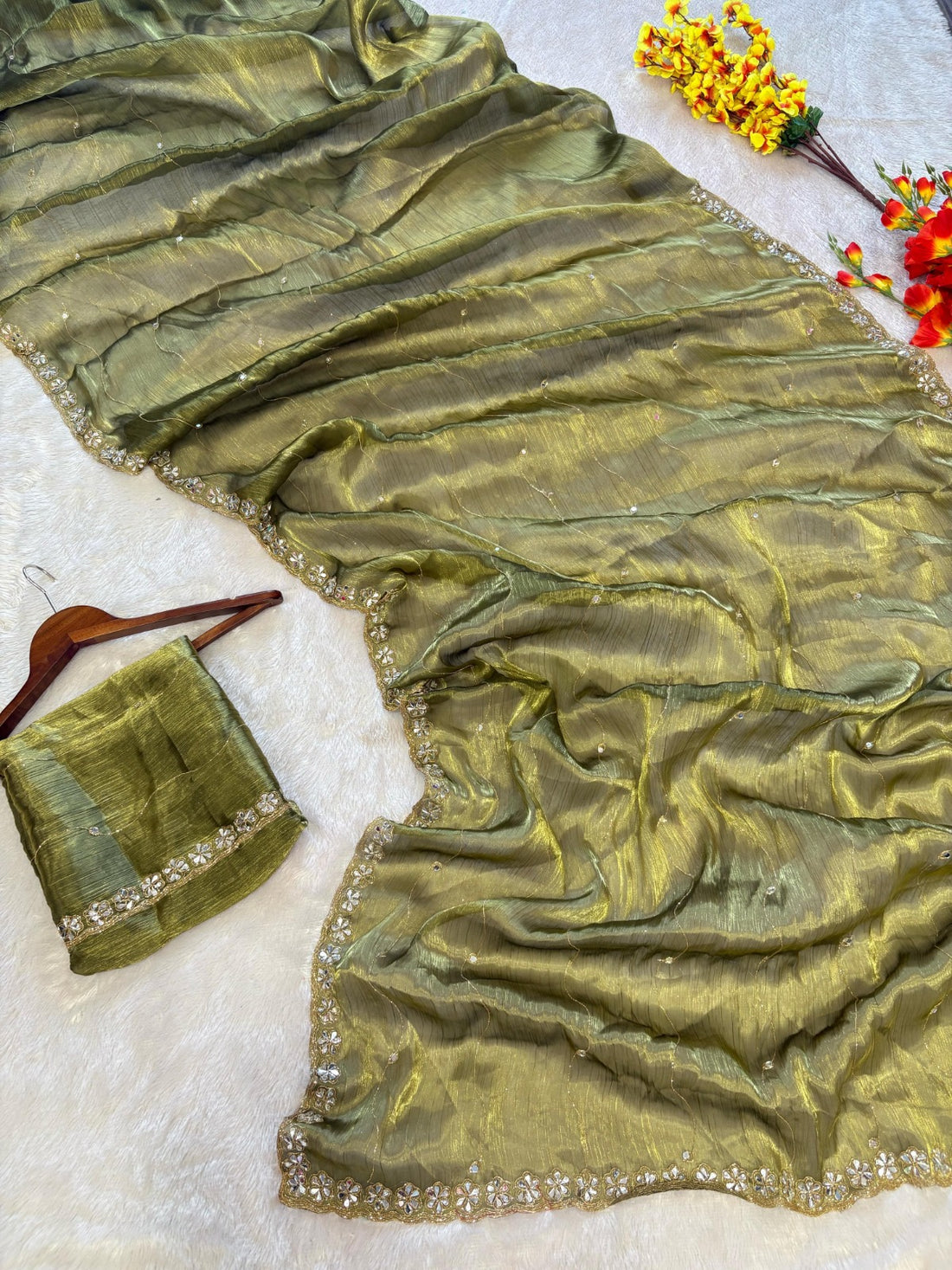 Premium Jimmy Choo Silk Saree with Real Mirror Work & Glitter Dori