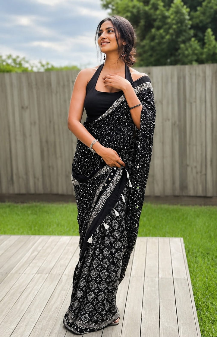 Gajji Silk Ajrakh Print Saree with Heavy Mirror Work & Patli-Pallu