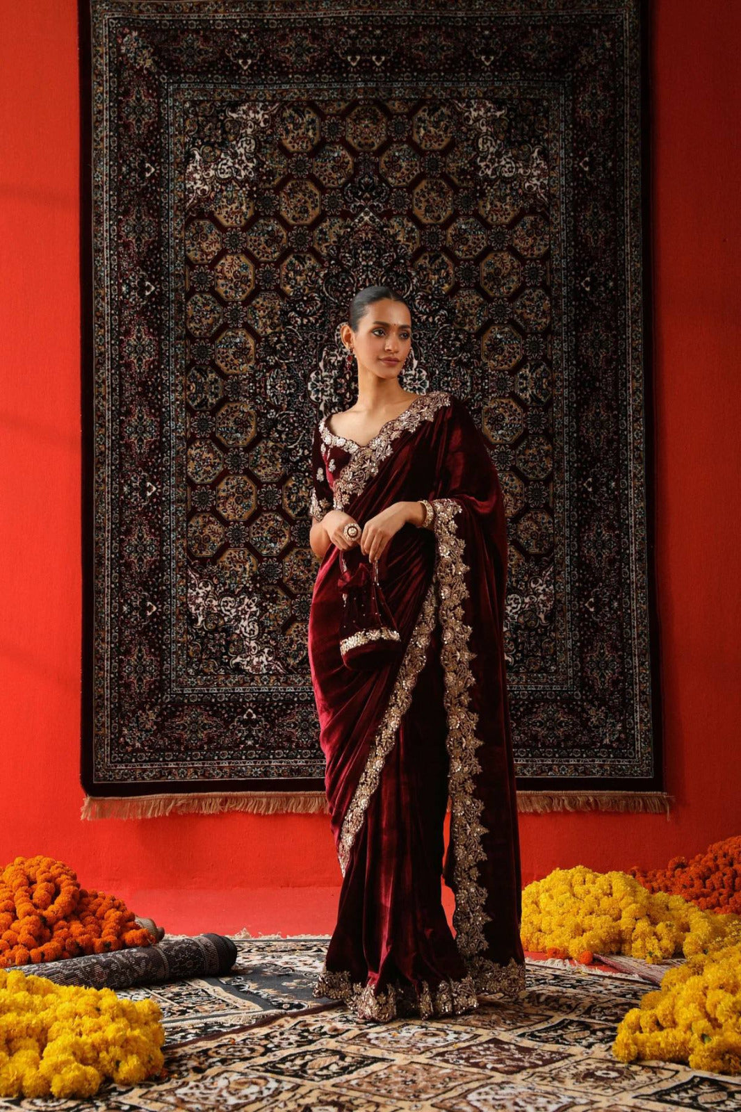 Premium 9000 Velvet Saree with Designer Sequin & Zari Thread Embroidery, Border & Cutwork