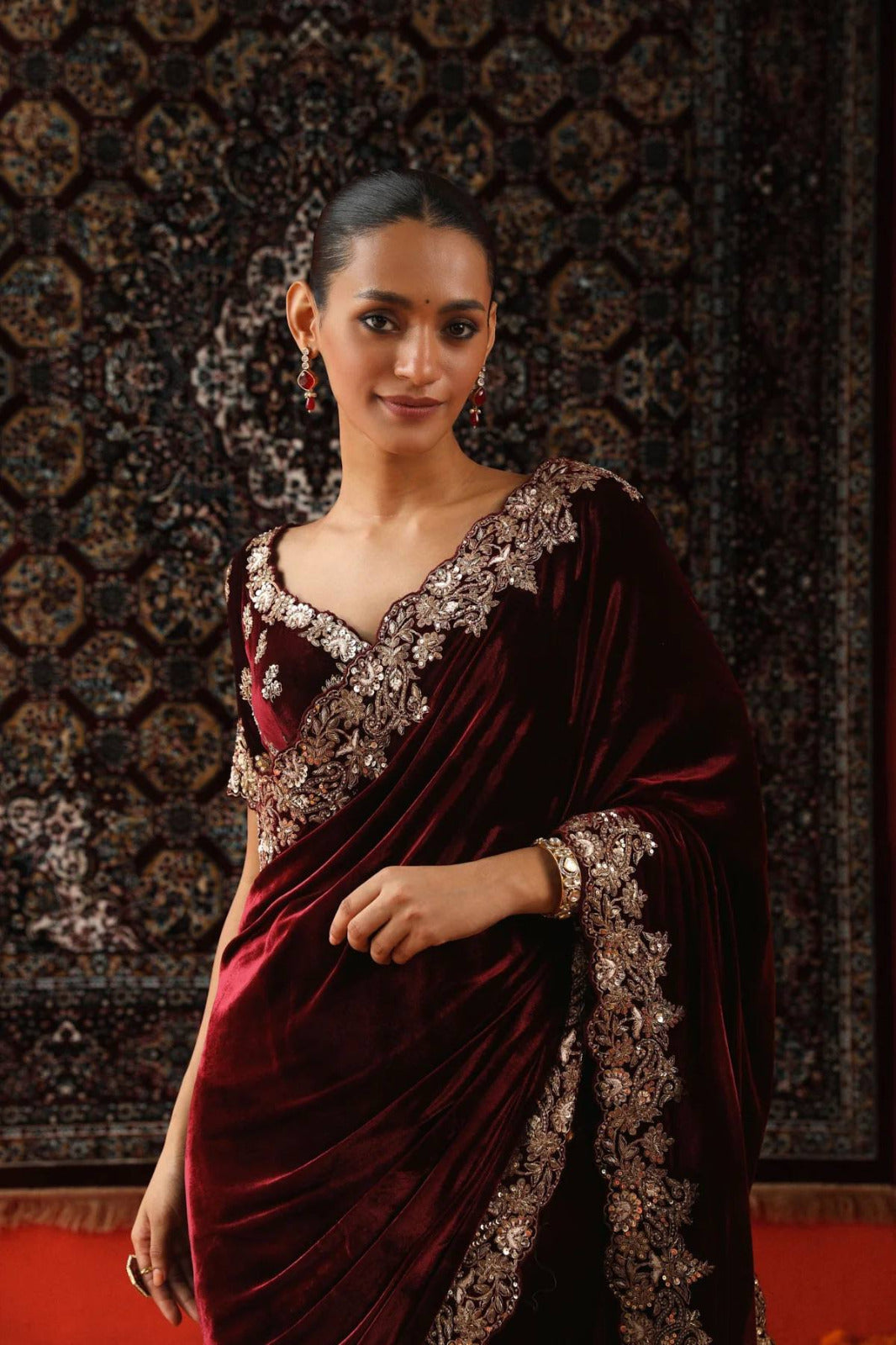 Premium 9000 Velvet Saree with Designer Sequin & Zari Thread Embroidery, Border & Cutwork