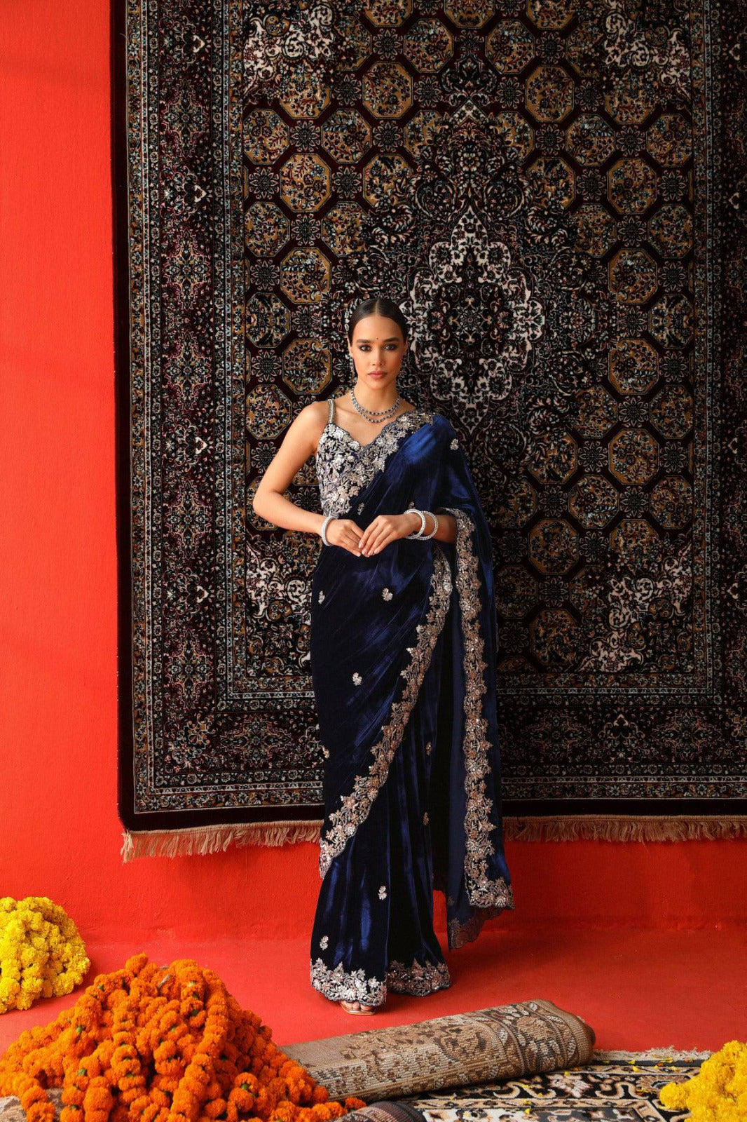 Premium 9000 Velvet Saree with Designer Sequin & Zari Thread Embroidery, Border & Cutwork
