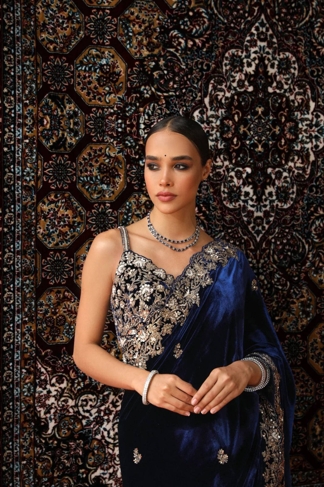 Premium 9000 Velvet Saree with Designer Sequin & Zari Thread Embroidery, Border & Cutwork