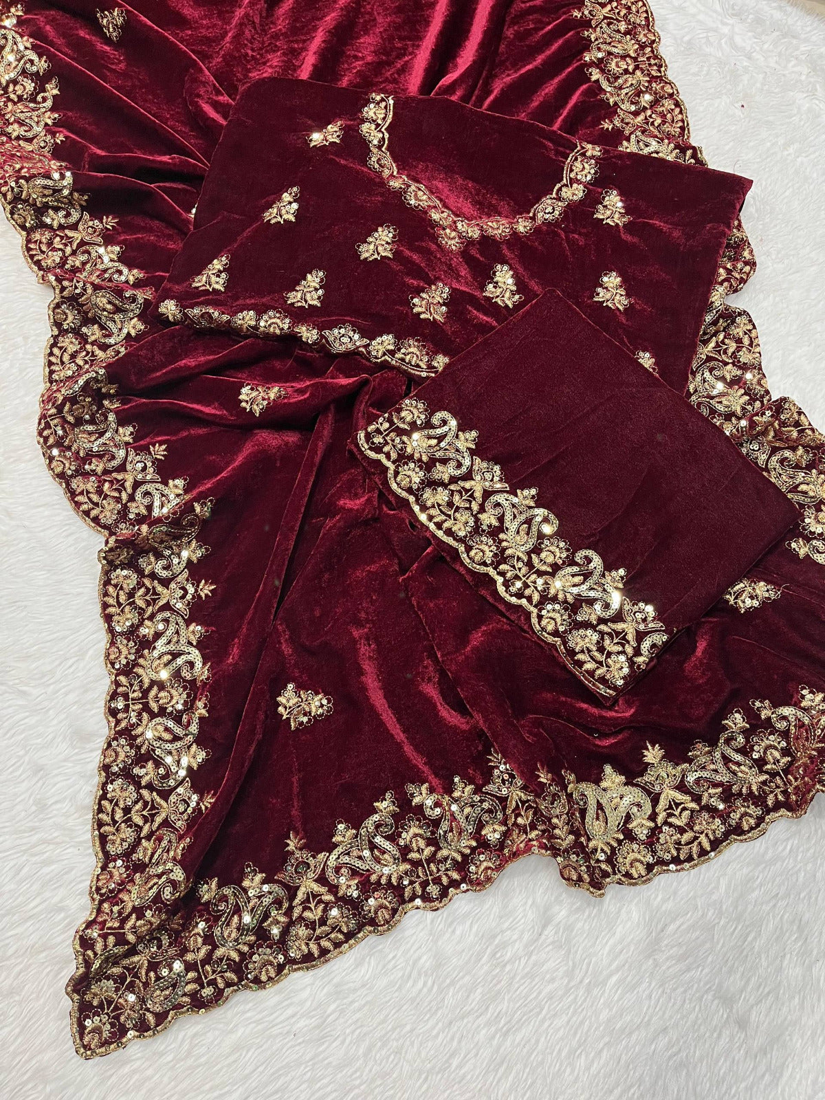 Premium 9000 Velvet Saree with Designer Sequin & Zari Thread Embroidery, Border & Cutwork