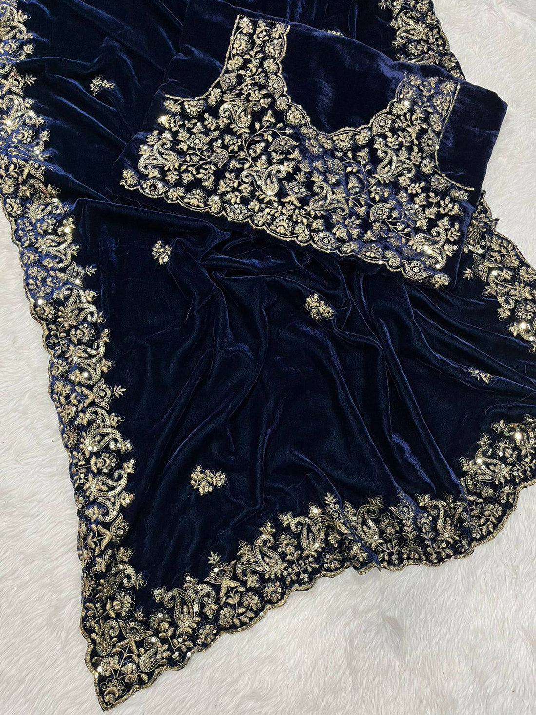 Premium 9000 Velvet Saree with Designer Sequin & Zari Thread Embroidery, Border & Cutwork