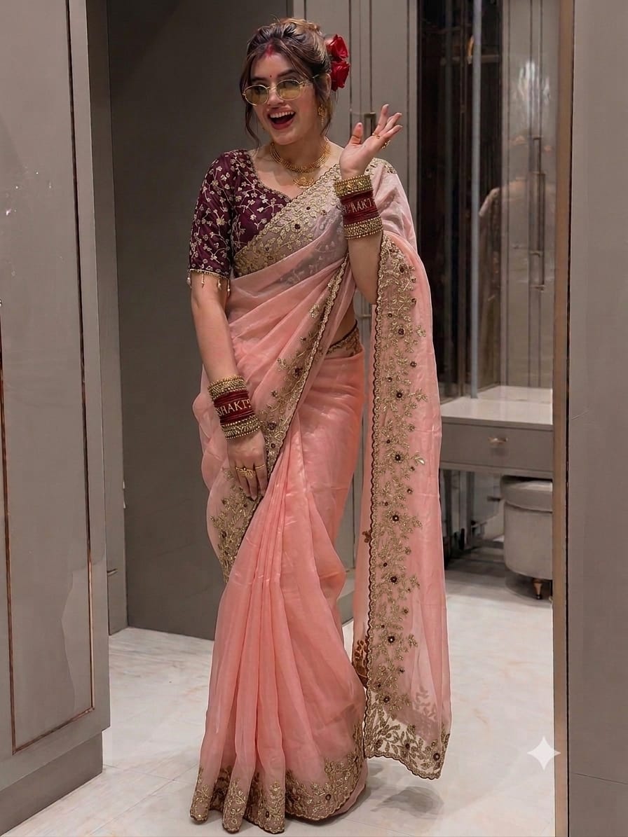 Soft Space Silk Saree with Heavy Embroidery, Sequins & Zari Work | Designer Party Wear Saree