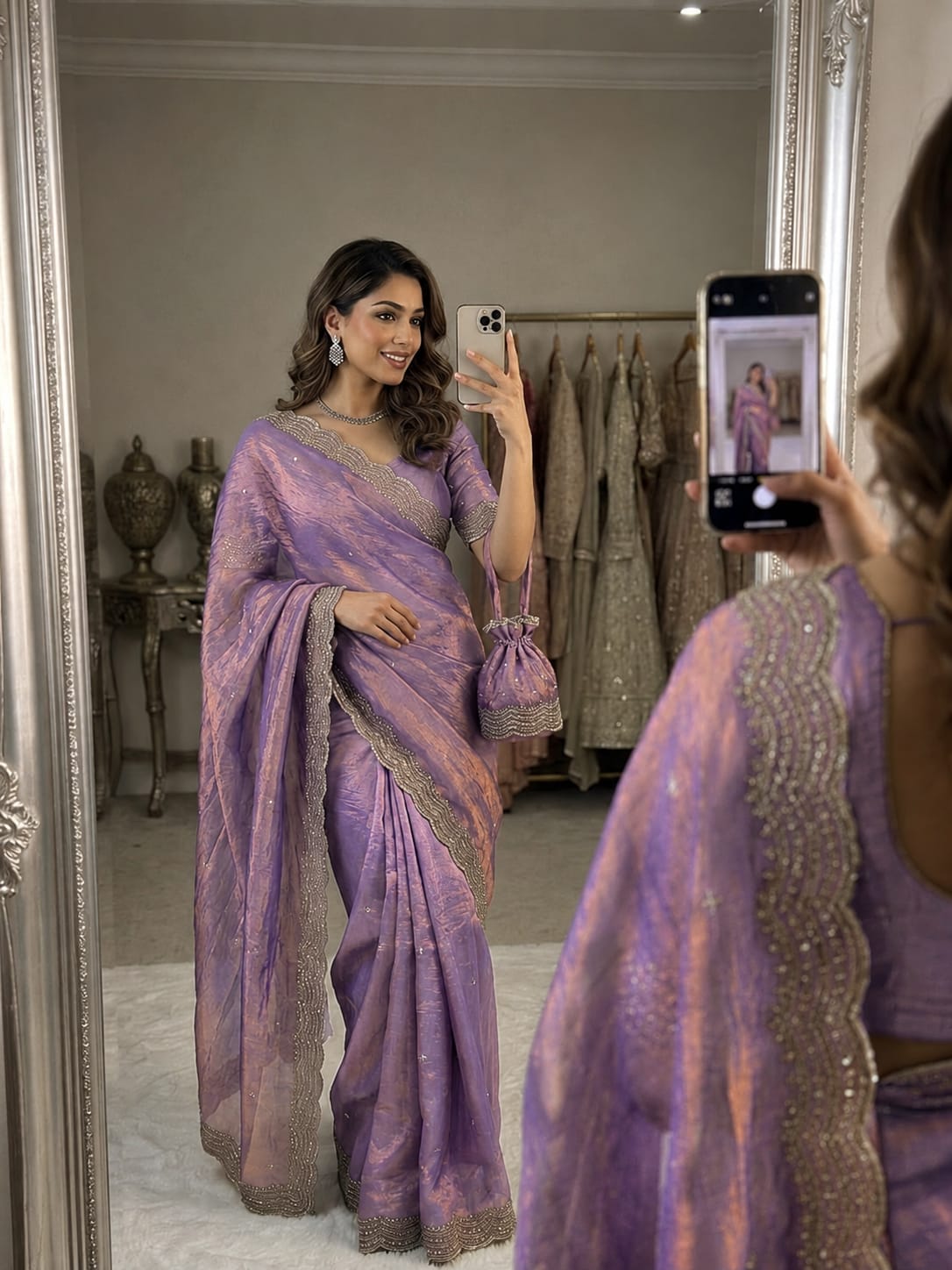 Premium Two Tone Space Silk Bridal Saree With Multi Sequence & Cutdana Embroidery Work | Designer Wedding Saree