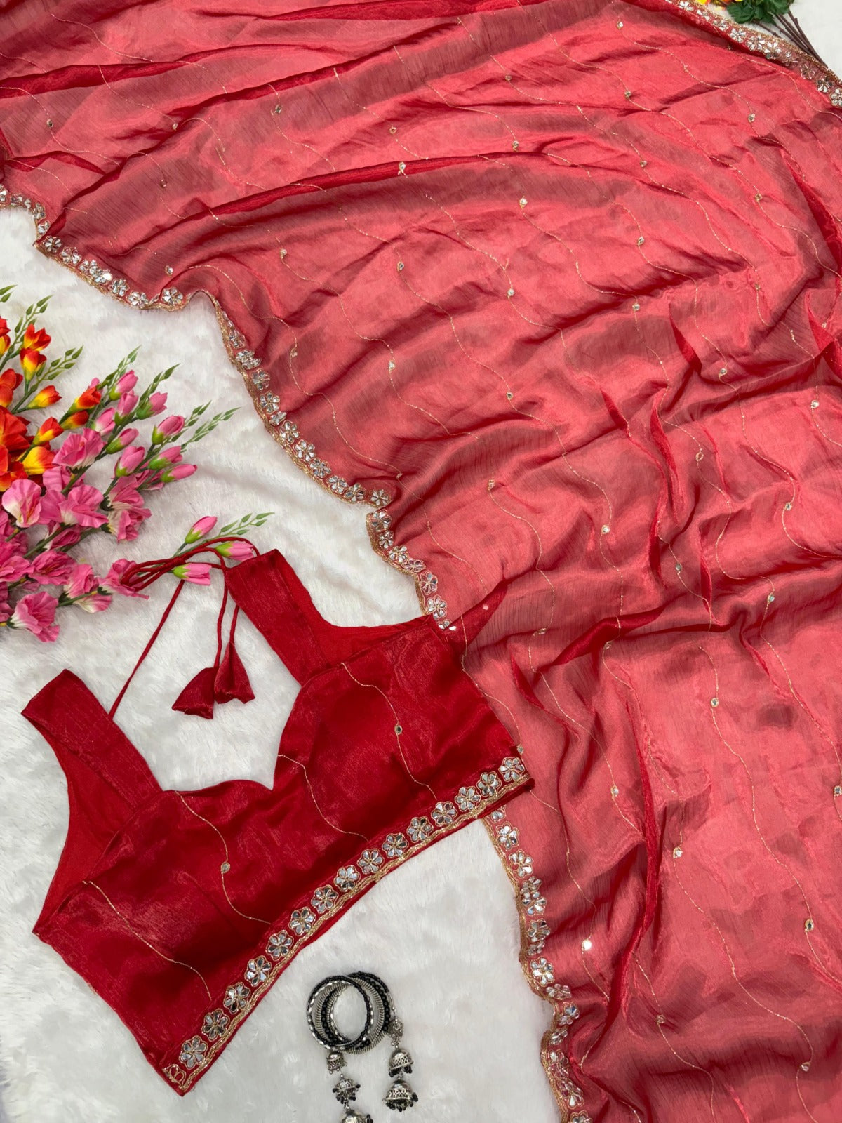 Premium Jimmy Choo Silk Saree with Real Mirror Work & Glitter Dori