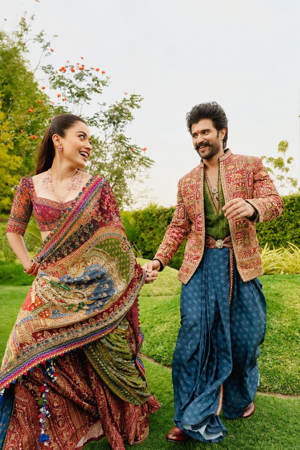 Viral Rashmika Mandana's Soft Japan Satin Mirror Work Saree Traditional Designer Print