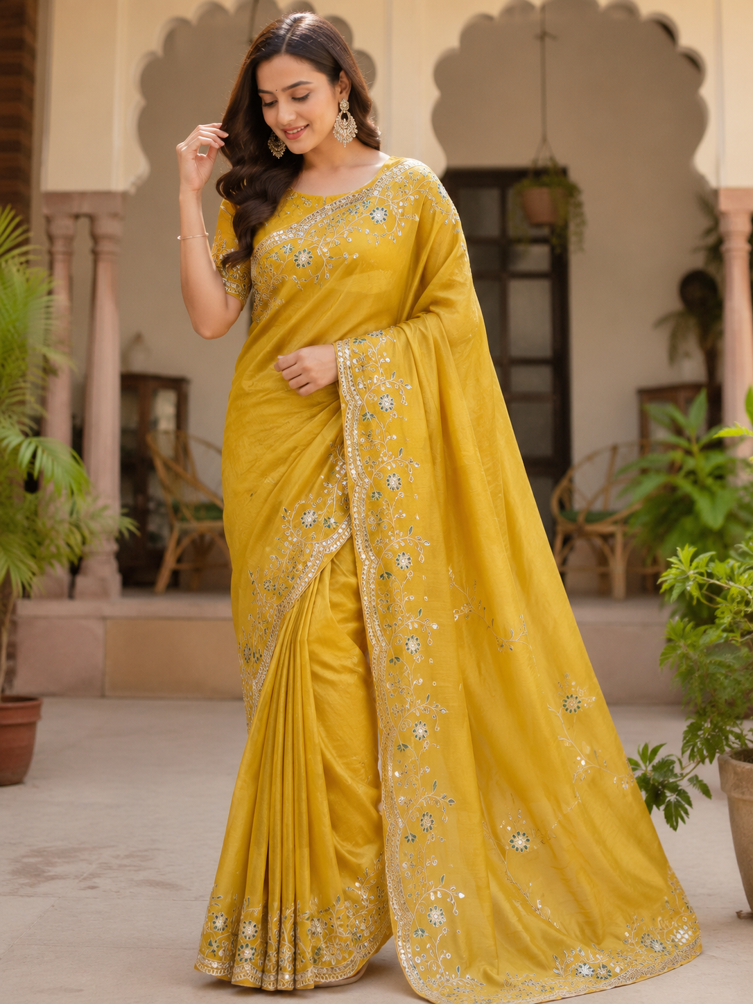 Pure Gold Crush Saree with Designer C-Pallu & Gota Foil Embroidery