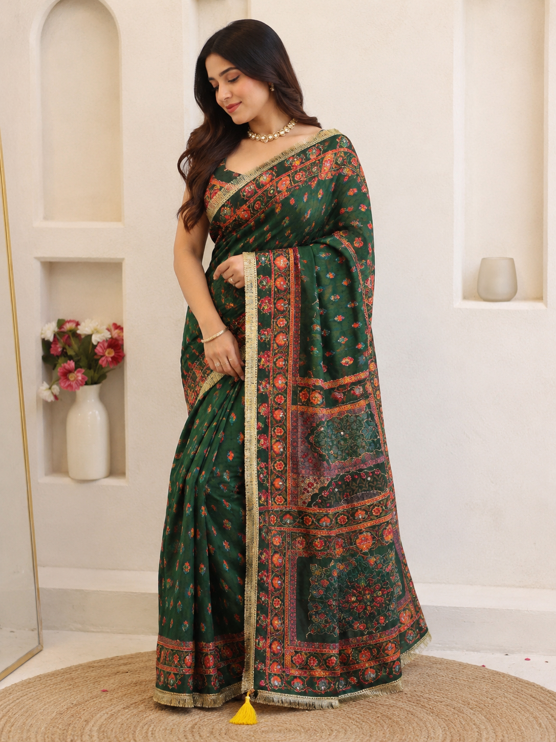 Premium Chinon Silk Saree with Real Mirror Work, Gold Zari Print, Fancy Latkan Border & Designer Party Wear Saree for Women