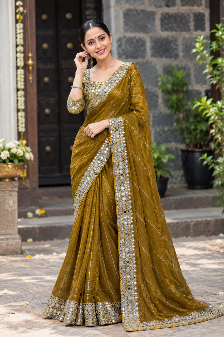 Premium Zimmy Cho Silk Saree with Heavy 5MM Sequins & Mirror Work