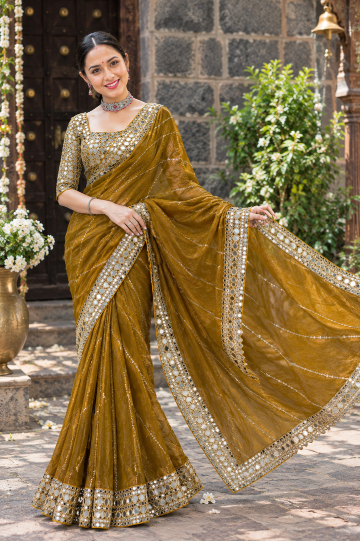 Premium Zimmy Cho Silk Saree with Heavy 5MM Sequins & Mirror Work