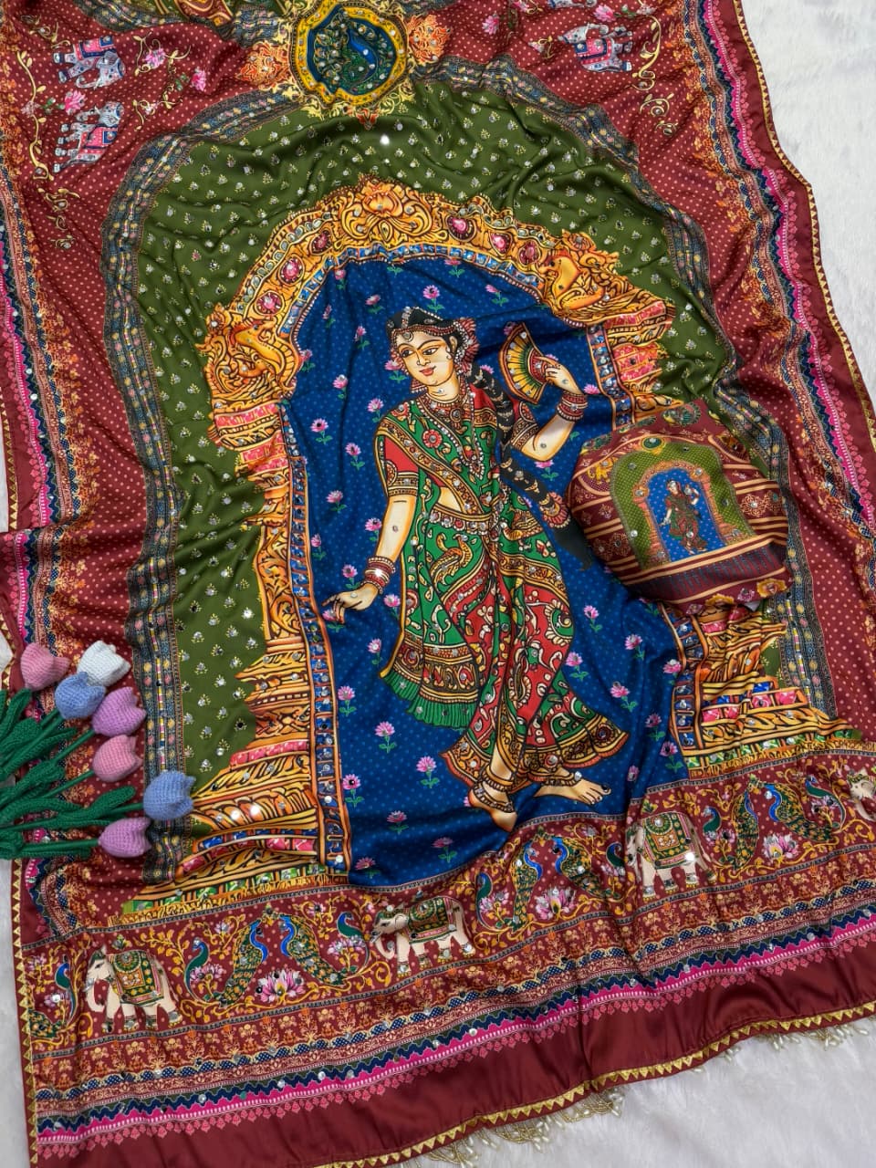 Viral Rashmika Mandana's Soft Japan Satin Mirror Work Saree Traditional Designer Print