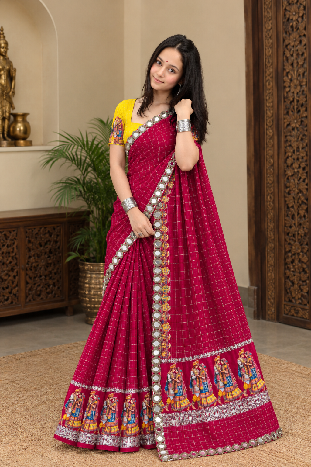 New Viscose Checks Saree | Dulha-Dulhan Special Satin Border | Festive & Wedding Wear